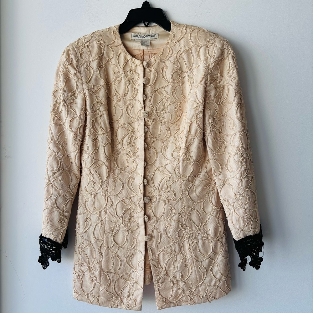 VTG Marie St. Claire Blazer Beaded Lace Jacket Beige Womens 8 Formal Glam Royal